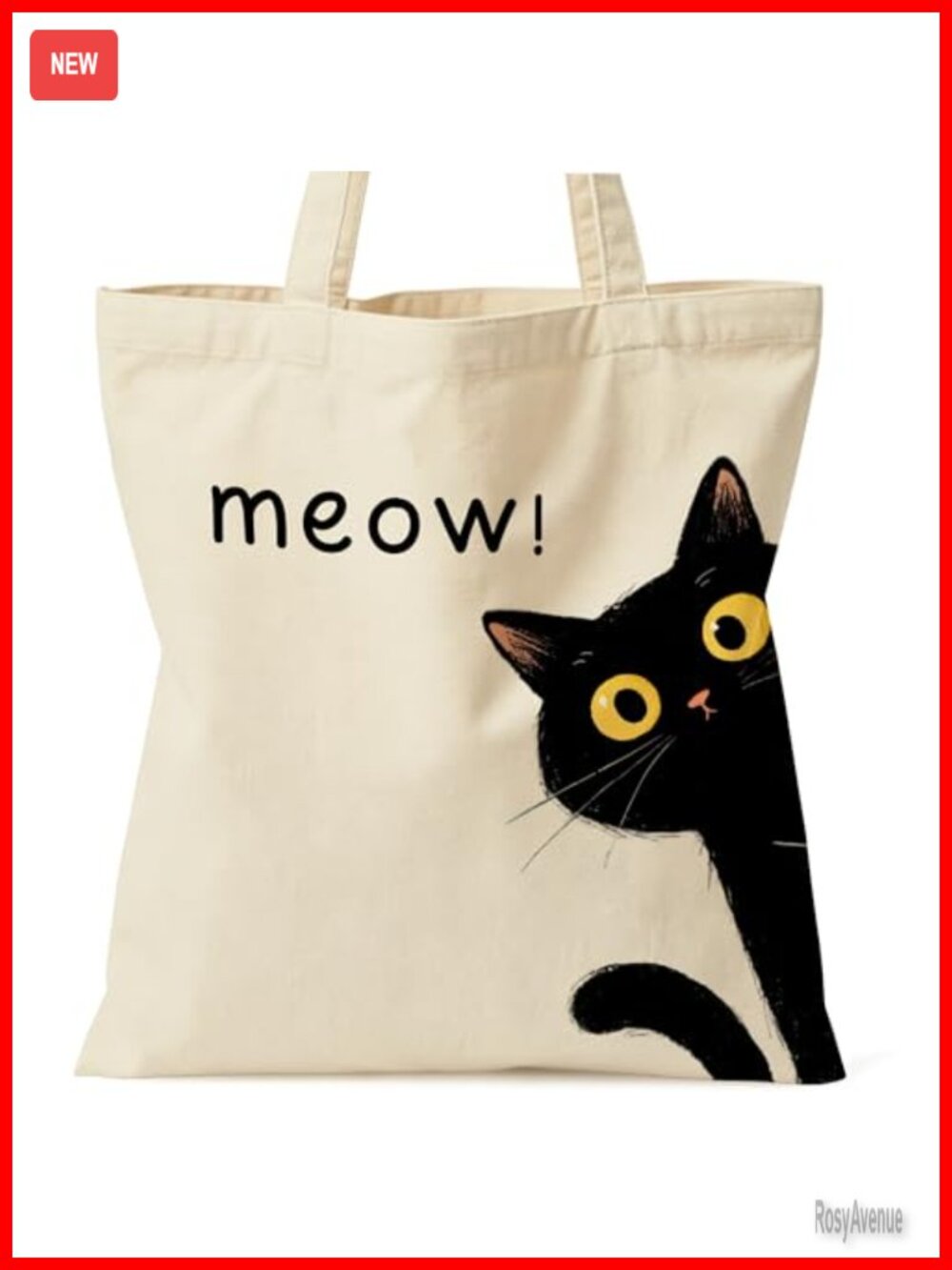 Canvas Tote Bag with Meow Black Cat Print, Double-Sided, Inner Pocket